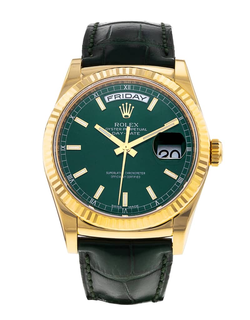 Rolex Day-Date 118138, Green dial, 36mm Yellow Gold