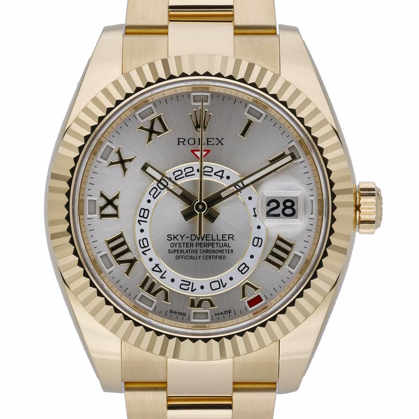 Rolex Sky-Dweller 326938, Silver dial, 42mm Yellow Gold