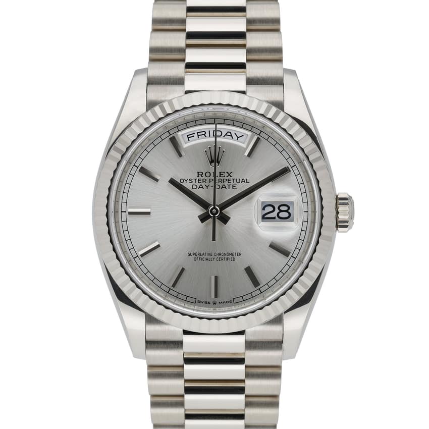 Rolex Day-Date 128239, Silver dial, 36mm White Gold