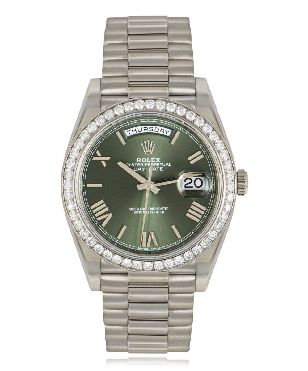 Rolex Day-Date 228349 RBR, Olive Green dial, 40mm White Gold